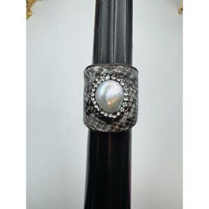 Snake Skin Baroque Pearl Marcasite And Rhinestone Wide Ring